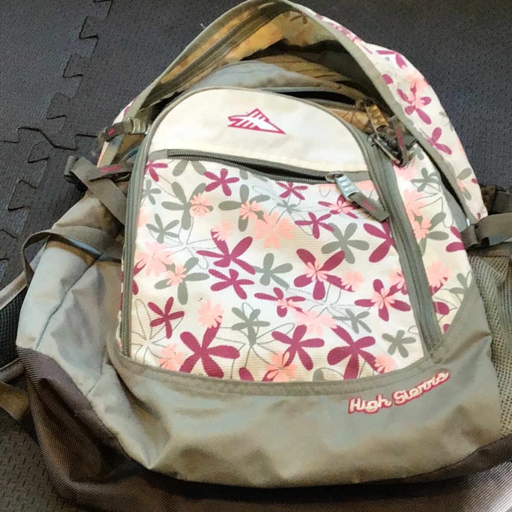 High sierra BACKPACK gray with pink, gray, white flowers.
